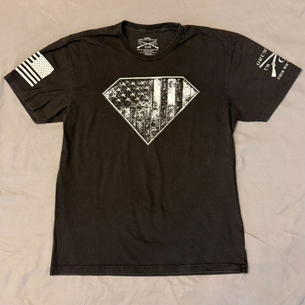 Grunt Style Men's Black Diamond Flag Patriotic Graphic Tee, Large